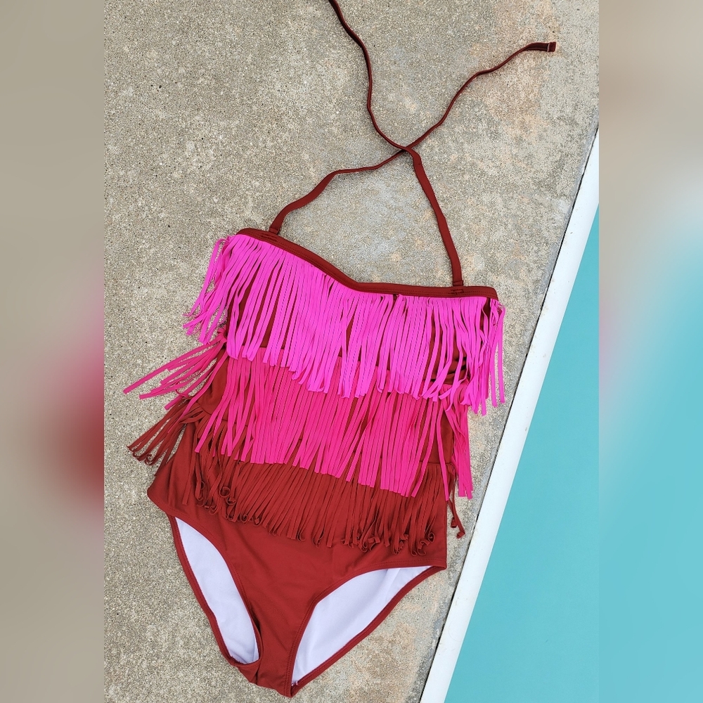 Pink ombre fringe one piece swimsuit